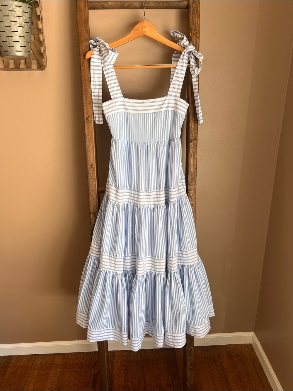 MABLE Blue and White Striped Tie-Shoulder Midi Sundress